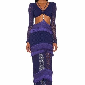 PatBo Indigo Fringe and Lace Long Sleeve Cutout Maxi
